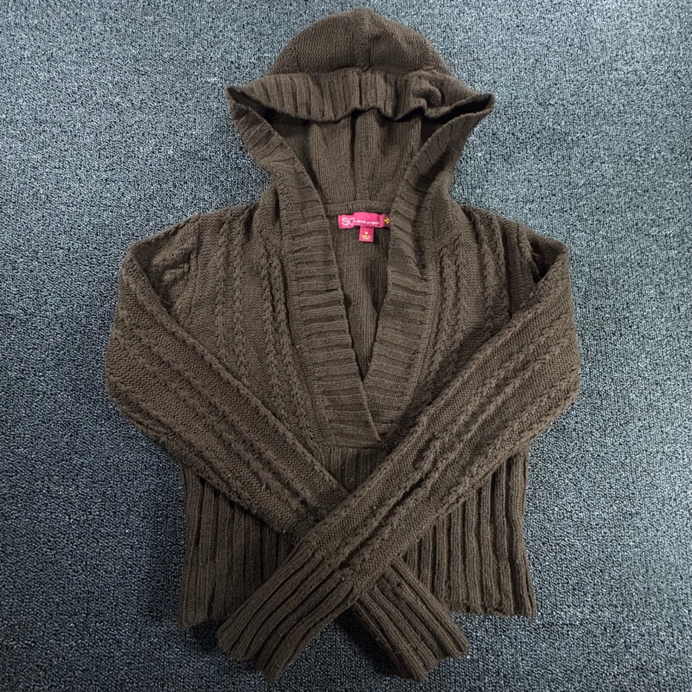SO Cable‎ Knit Sweater Women M Hooded Wool Blend Cropped Y2K Style Twilight Core